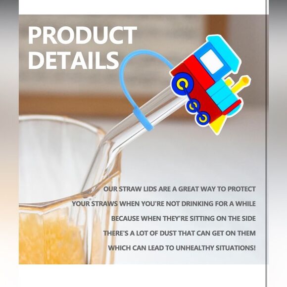 Colorful Train Themed Reusable Food Grade Silicone Straw Sleeve Caps 6pcs NIP - Picture 5 of 12